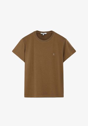 T-shirt court en coton marron à manches courtes avec encolure ronde et petit logo tête de mort et os croisés sur le côté gauche de la poitrine.