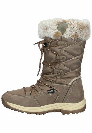 Botte imperméable marron avec un col en fausse fourrure, un devant à lacets, un dessus matelassé et une semelle en caoutchouc durable. Comprend des œillets en métal et un détail de logo.