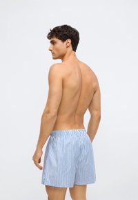 Μπλε και άσπρο ριγωτά σλιπάκια με ελαστική μέση, κατασκευασμένα από ελαφρύ ύφασμα. Το μοντέλο φαίνεται από πίσω, δείχνοντας την εφαρμογή.