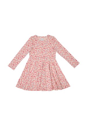 Langärmliges Kleid aus hellpinkem Stoff mit einem floralen Muster in Rot, Blau und Grün. Ausgestellter Rock mit rundem Ausschnitt.
