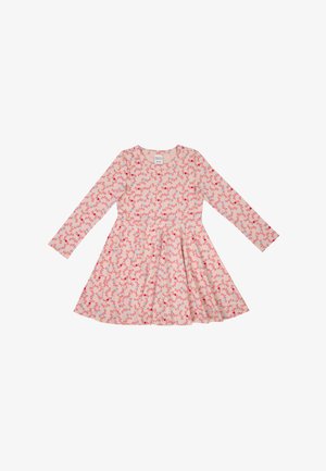 Langärmliges Kleid aus hellpinkem Stoff mit einem floralen Muster in Rot, Blau und Grün. Ausgestellter Rock mit rundem Ausschnitt.