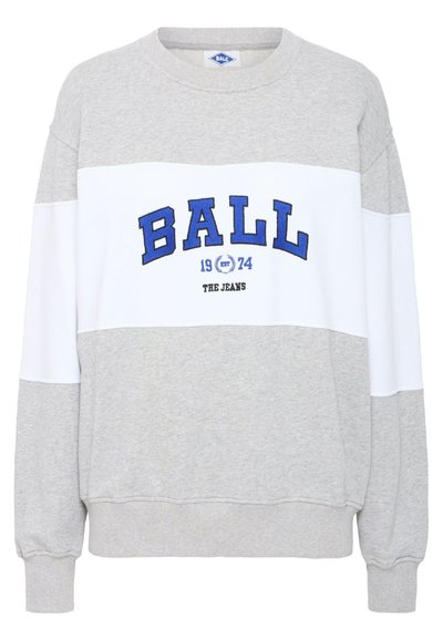 Pilkas ir baltas megztinis su apykakle. Priekioje puikuojasi mėlyna užrašas "BALL 1974 THE JEANS". Minkšta tekstūra, ilgos rankovės, ribotos rankogaliai.