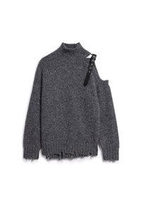 Maglione grigio a maglia con collo alto, spalla scoperta, orlo fringed e dettaglio in nastro nero con hardware argentato.