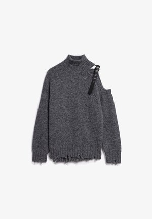 Maglione grigio a maglia con collo alto, spalla scoperta, orlo fringed e dettaglio in nastro nero con hardware argentato.