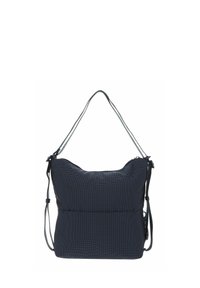Donkerblauwe stoffen tas met een gestructureerd patroon, een enkele schouderriem en een ritsopening aan de bovenkant. Heeft een slouchy ontwerp en minimalistische accenten.