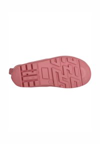 Suola di scarpa in gomma rosa con modelli di presa testurizzati, compresi design a zigzag e rettangolari, e un piccolo tacco. Accenti bianchi vicino al tacco.