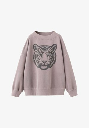 Felpa oversize rosa chiaro con grafica di una tigre grigio scuro sul davanti, polsini a costine e scollatura ampia.