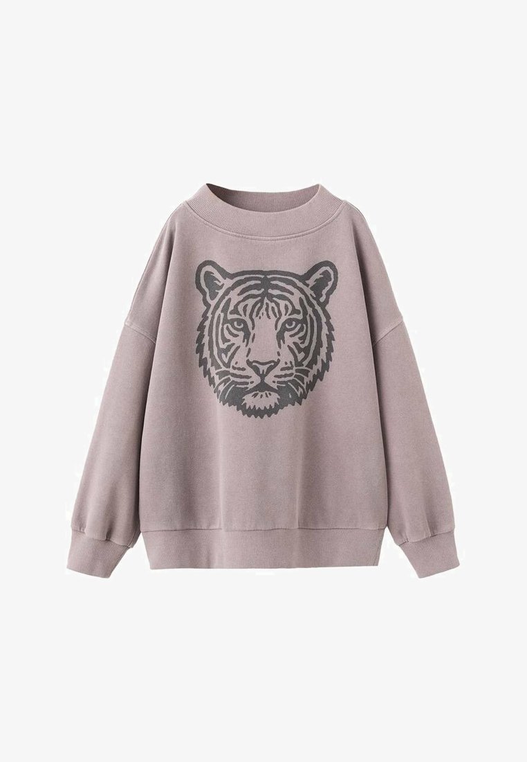 Felpa oversize rosa chiaro con grafica di una tigre grigio scuro sul davanti, polsini a costine e scollatura ampia.
