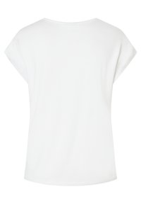 Weißes, leichtes T-Shirt mit kurzen Kappenärmeln, einem runden Halsausschnitt und einer glatten Textur, das eine lockere Passform hat und keine sichtbaren Muster oder Akzente aufweist.