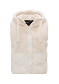 Wattierte Weste mit Kapuze, ausgestattet mit einer halb-fleece, halb-glatten Oberfläche in hellbeige, mit Druckknöpfen und Kordelzügen.