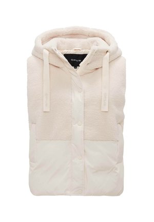 Gevoerde vest met capuchon, met een half-fleece, half-gladde oppervlakte in lichtbeige, met drukknoopjes en trekkoorden.