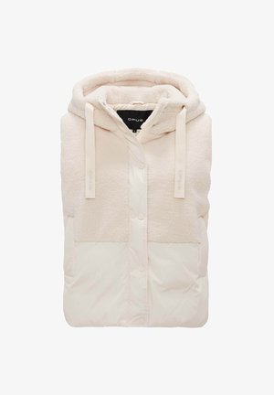 Gevoerde vest met capuchon, met een half-fleece, half-gladde oppervlakte in lichtbeige, met drukknoopjes en trekkoorden.