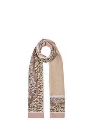 Sciarpa rettangolare lunga con stampa leopardata mista e motivi geometrici in toni beige, marroni e rosa, piegata a loop.