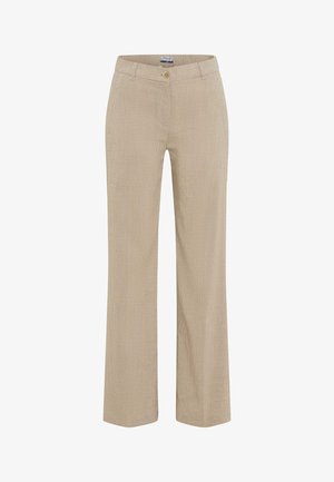 Beige rechte broek met fijne verticale strepen, riemlussen, knoopsluiting aan de voorkant en zijzakken.
