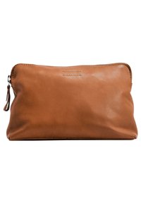 Brown leather pouch with a smooth texture, zip closure, and subtle stitching details, designed in a rectangular shape.