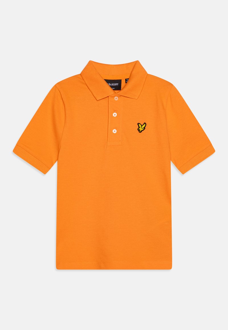 Oransje kortermet polo skjorte laget av bomull, med en tre-knaps placket og en svart brodert logo på venstre bryst.
