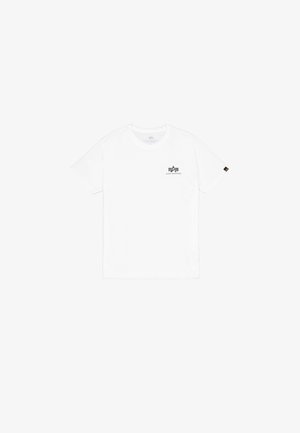 White cotton t-shirt with a crew neck, short sleeves, and a small black logo on the left chest. Simple and classic design.