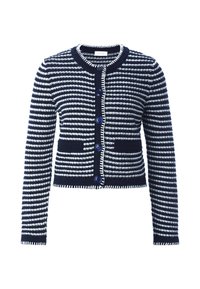 Cardigan a righe blu navy e bianche realizzato in materiale lavorato a maglia, con scollatura rotonda, maniche lunghe e quattro bottoni blu frontali.