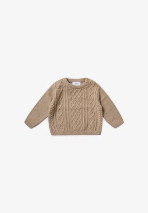 Beżowy sweter z dzianiny o wzorze warkoczowym, okrągłym dekolcie i detalach z guzikami po bokach. Teksturowana tkanina, długie rękawy i ściągacze.