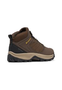 Brązowe wodoodporne buty trekkingowe z siateczkowymi wstawkami, żółtymi akcentami i wytrzymałą czarną podeszwą. Posiadają pewne sznurowanie i wyściełaną cholewkę.