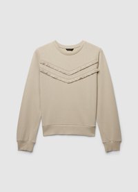 Sweat-shirt beige à col rond avec deux rangées horizontales de franges sur la poitrine. Poignets et ourlet côtelés.