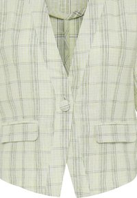 Veste à carreaux vert clair avec un bouton recouvert de tissu unique et deux poches avant à rabat, en tissu tissé texturé.