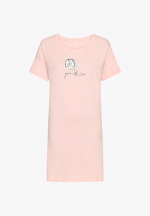 Lichtroze jurk met korte mouwen en een ronde hals, met een kleine bloem en de tekst "grow with Love" gedrukt op de borst.