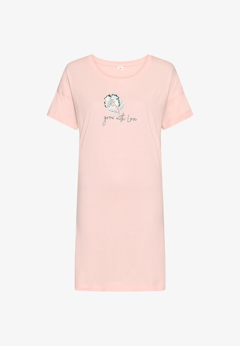 Svetloružové šaty s krátkym rukávom a okrúhlym výstrihom, na hrudi s potlačou malého kvietka a nápisu "rasti s láskou".