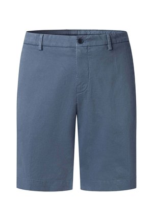Muške plave kratke hlače srednje duljine s omčama za remen, kopčanjem na gumbe i prednjim patentnim zatvaračem, prikazane na bijeloj pozadini.