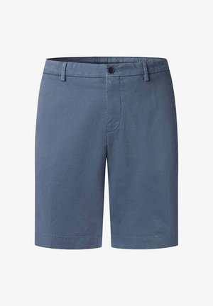 Pánské modré šortky střední délky s poutky na opasek, zapínáním na knoflík a předním zipem, zobrazené na bílém pozadí.