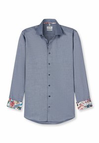 Herrenhemd mit langen Ärmeln aus strukturiertem blauen Stoff. Es hat einen klassischen Kragen, eine Knopfleiste und bunte gemusterte Manschetten.