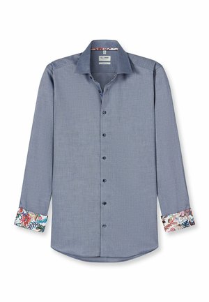 Men's long-sleeve shirt in textured blue fabric. Features a classic collar, buttoned front, and colorful patterned cuffs.