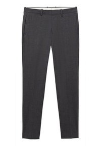 Tamno sive hlače krojene od tkanine, s ravnim prednjim dijelom, ušicama za remen i bočnim džepovima. Glatka tekstura, uski kroj.