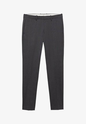 Temno sivi krojeni hlače, izdelane iz tkanine, z ravnim sprednjim delom, zanka za pas in stranskima žepoma. Gladka tekstura, zasnova v ožjem kroju.