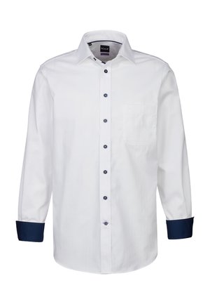 Camicia bianca a maniche lunghe con dettagli blu navy sui polsini e sui bottoni, dotata di una singola tasca sul petto e design colletto classico.