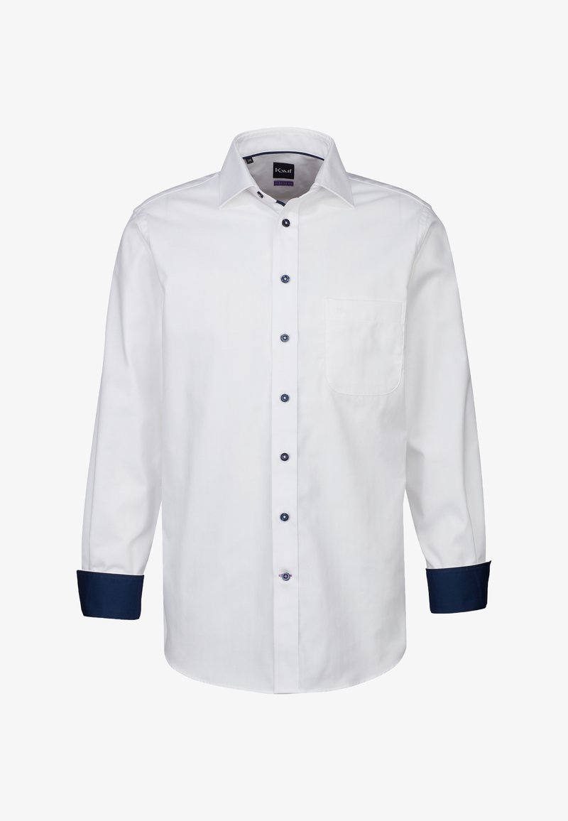 Camicia bianca a maniche lunghe con dettagli blu navy sui polsini e sui bottoni, dotata di una singola tasca sul petto e design colletto classico.