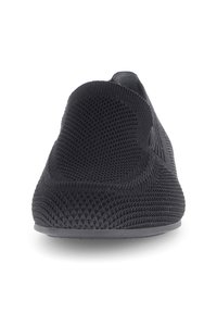 Black slip-on shoe with a textured mesh upper, rounded toe, and flexible sole, designed for comfort and ease of wear.