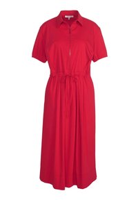 Rotes kurzärmeliges Kleid mit Reißverschluss vorne, elastischem Taillenzug und schwingendem Rock. Hergestellt aus einem glatten Stoff mit einem lässigen Schnitt.