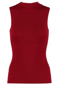 Rode geribbelde mouwloze top met een hoge hals, aansluitend silhouet en gestructureerde stof. Simpel ontwerp zonder extra accenten of patronen.