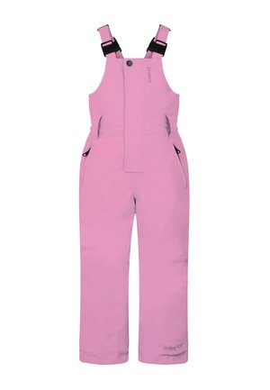 Rosa isolierte Latzhosen mit verstellbaren Trägern, einer vorderen Latztasche, zwei seitlichen Taschen und verstärktem Saum. Glatte Textur, geeignet für kaltes Wetter.