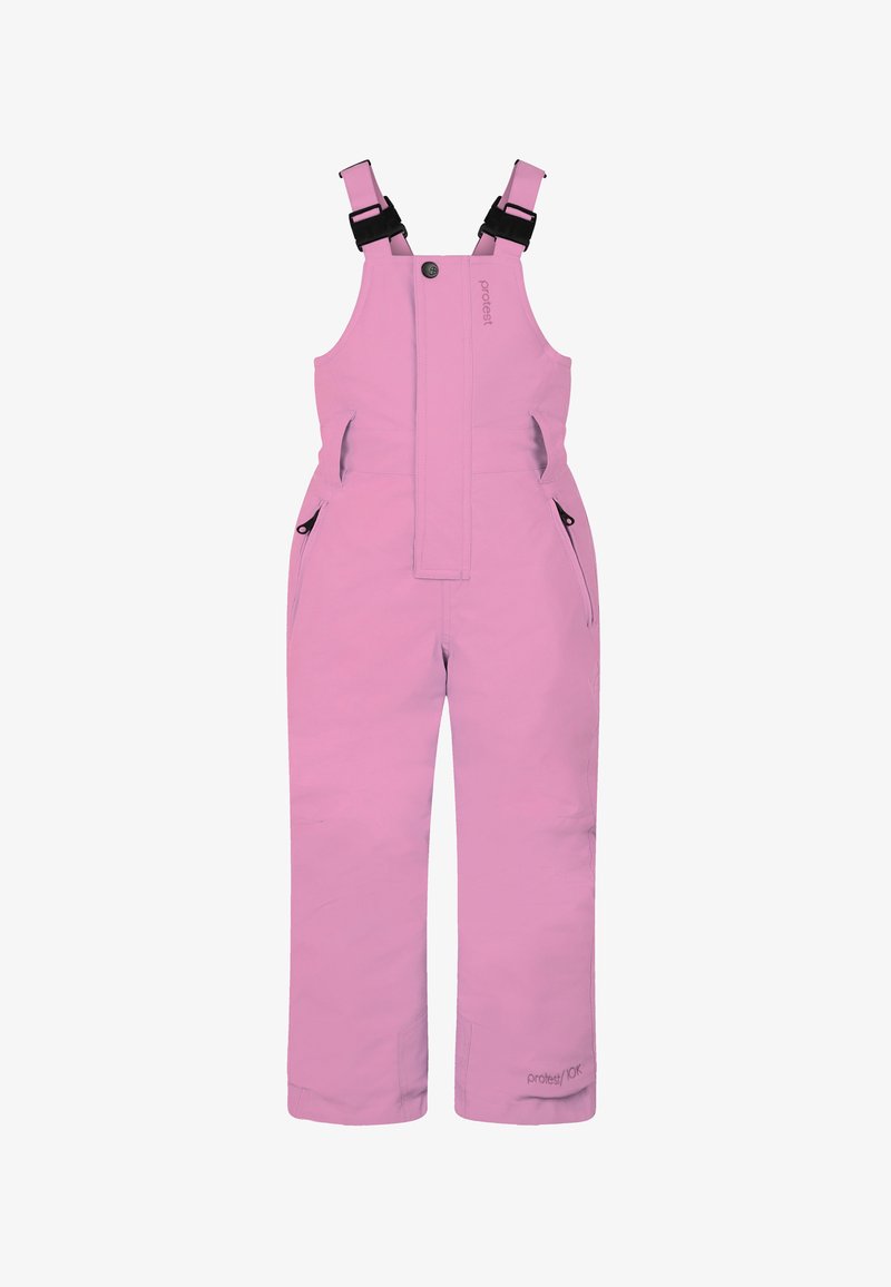 Ružové zateplené overallové nohavice s nastaviteľnými popruhmi, predným náprsníkom, dvoma bočnými vreckami a zosilneným lemom. Hladká textúra, vhodné do chladného počasia.