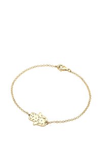 Goldarmband mit einem handförmigen Charme mit ausschnittartigen Designs, verbunden durch eine zarte Kette, abgeschlossen mit einem Karabinerverschluss.