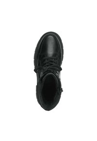 Bottine noire avec une tige en cuir lisse, bout rond et lacets. Intérieur doublé de fourrure douce pour plus de chaleur. Comprend une fermeture éclair sur le côté pour un enfilage facile.