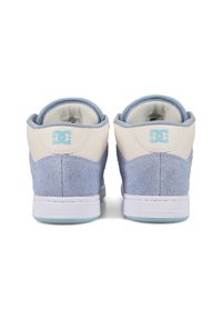 Niebieskie i białe sneakersy o miękkiej zamszowej fakturze, z gładką białą skórzaną piętą oraz jasnoniebieskimi akcentami na logo i podeszwie.