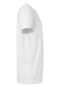 Witte katoenen T-shirt met korte mouwen, ronde hals en een rechte zoom. Zachte textuur en eenvoudig ontwerp zonder patronen of versieringen.
