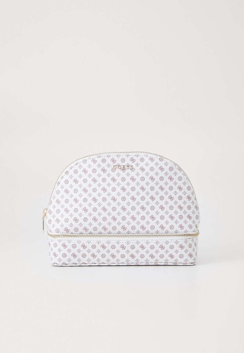 Borsa cosmetica bianca dalla forma arrotondata, con un delicato motivo geometrico rosa e una chiusura con zip dorata. Texture liscia e materiale resistente.
