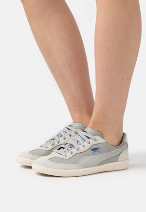 Jasnoszare sneakersy z zamszu i skóry syntetycznej. Okrągły nosek, wyściełany kołnierz i gumowa podeszwa. Zawierają granatowe logo i sznurowadła.