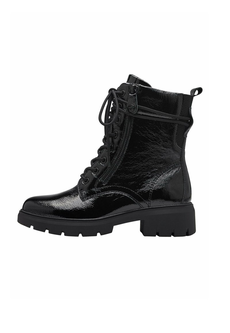 Black leather ankle boots with a glossy finish, featuring a lace-up front, side zipper, and chunky rubber sole.