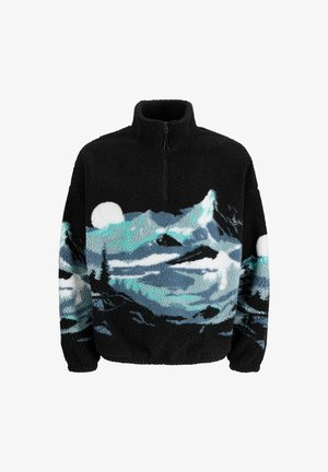 Pullover in pile nero con colletto alto e mezza zip. Presenta un design di paesaggio montano in blu, bianco e nero sul davanti.