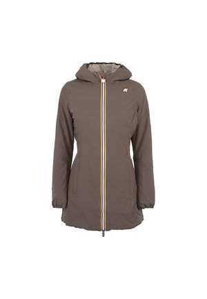Giacca impermeabile marrone con cappuccio, dotata di una cerniera frontale con accenti gialli e bianchi, polsini elasticizzati e tasche laterali. Texture liscia.